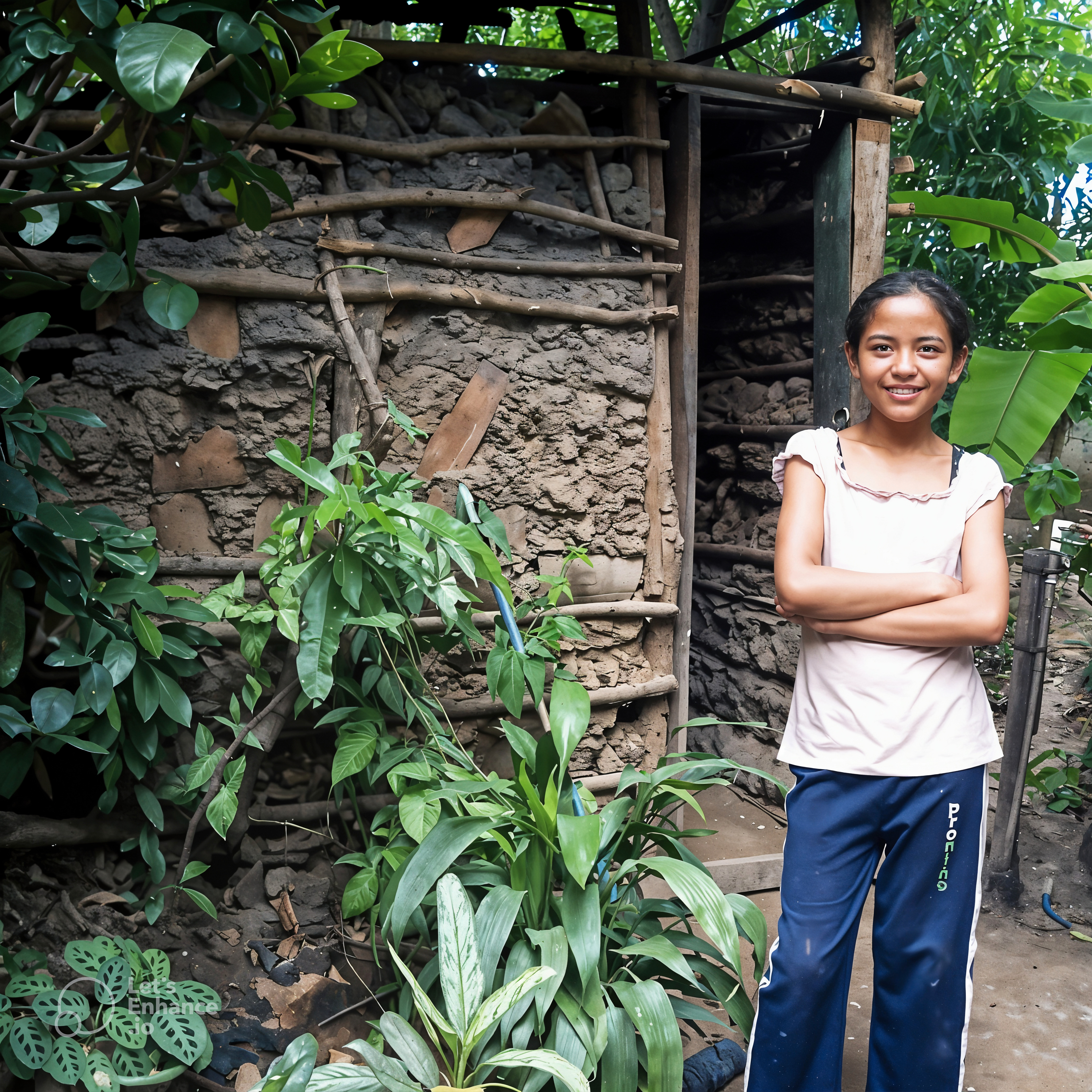 young girl standing outside against a wall and smiling